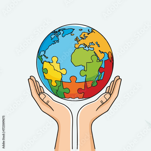 Human hands carefully holding a colorful jigsaw puzzle planet Earth, symbolizing global unity, diversity, and cooperation