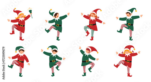 Cute little elves dancing and celebrating the holiday spirit.