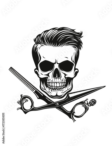 The illustration depicts a barber skull with a well-groomed man's hairdo, beneath which are crossed scissors and a comb. The image combines the aesthetics of barber culture with elements of gothic and