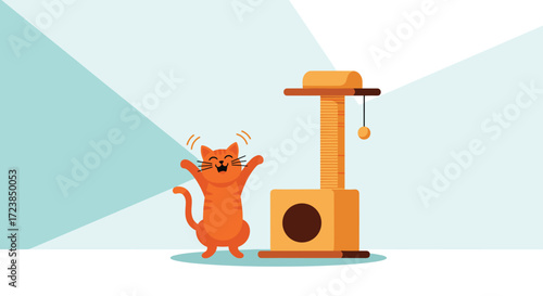 An excited ginger cat jumps happily near its scratching post.
