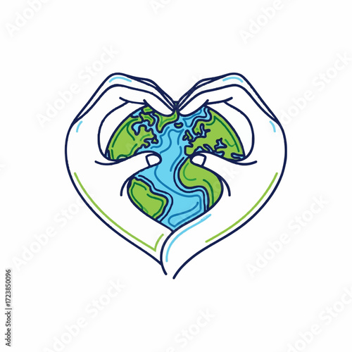 Heart-shaped hands cradling the Earth globe, a powerful symbol of environmentalism, conservation, global unity, and love for our world