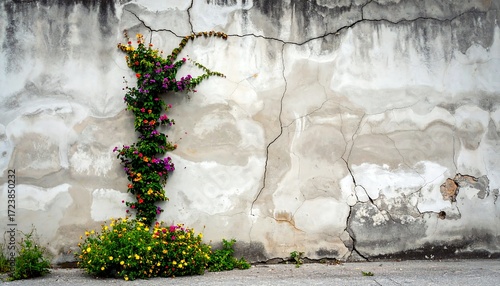 Colorful vines climbing cracked wall