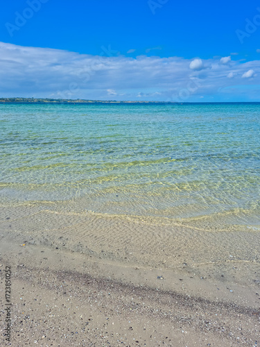 The tranquil beach scene features clear waters stretching to the horizon beneath a bright blue sky