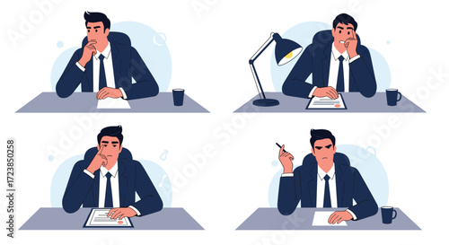 Four business people sitting at their desks thinking and pondering.