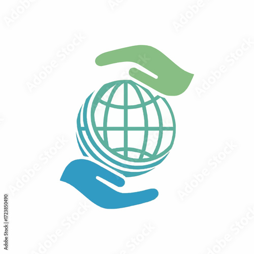 Green and blue hands cupping a stylized globe, a symbol for world conservation, global community support, and ecological awareness