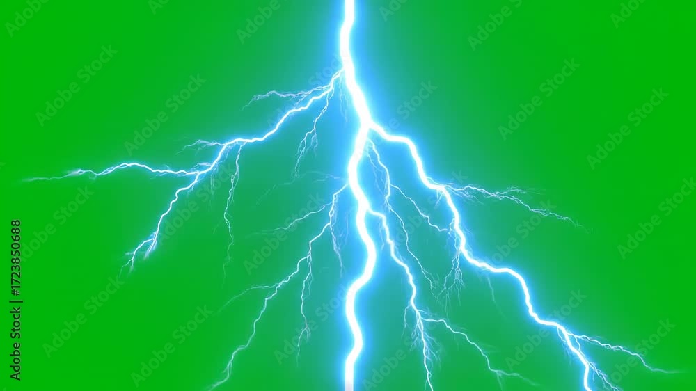 Dynamic bright blue lightning bolt electrifies vibrant green screen ...