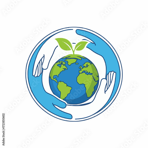 Symbolic vector illustration of caring hands protecting the world globe, promoting green energy and environmental awareness for a sustainable future