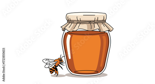 A curious bee approaches a jar filled with golden honey.