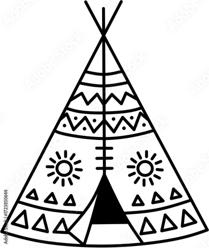 Teepee Native American tribal symbol. Boho doodle black line drawing - vector
