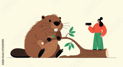 A large beaver chews on a tree branch while a person takes a photo.