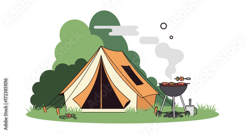 Enjoying a peaceful camping trip with a delicious barbecue meal and a cozy tent under the trees.