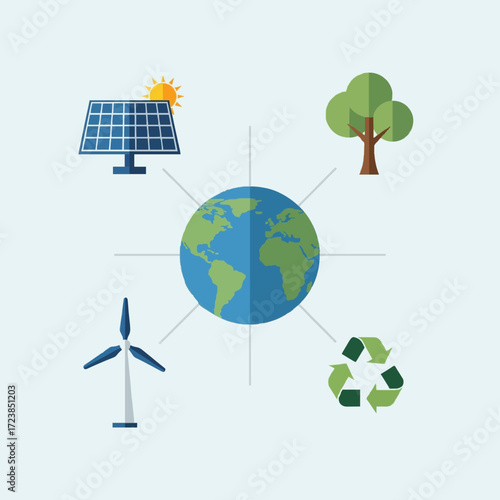 Global ecology concept illustration showing sustainable development with clean energy and environmental conservation