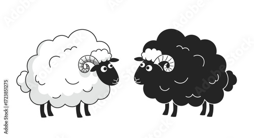 Two fluffy sheep one white and one black standing side by side.
