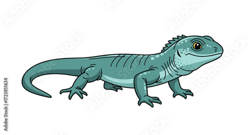A detailed illustration of a turquoise lizard with scales and a long tail.