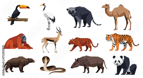 Diverse collection of wild animals in pixel art style.