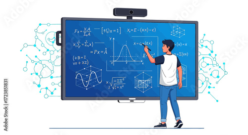 Boy solving complex mathematical equations on a large interactive digital screen with diagrams