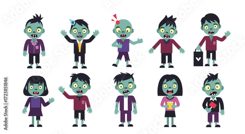 A collection of diverse cartoon zombie characters in various poses and outfits.