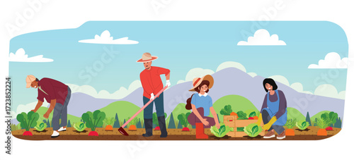 Farmers pick crop of vegetables in garden. Farm workers gather harvest into baskets and carry it. People work on rural field, farming. Agriculture. Flat vector illustration