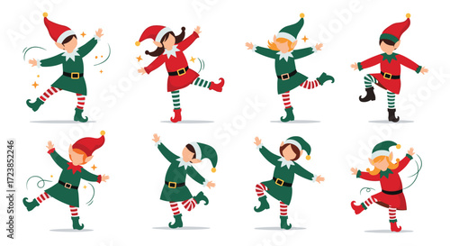 Cheerful elves dancing and celebrating during the holidays.