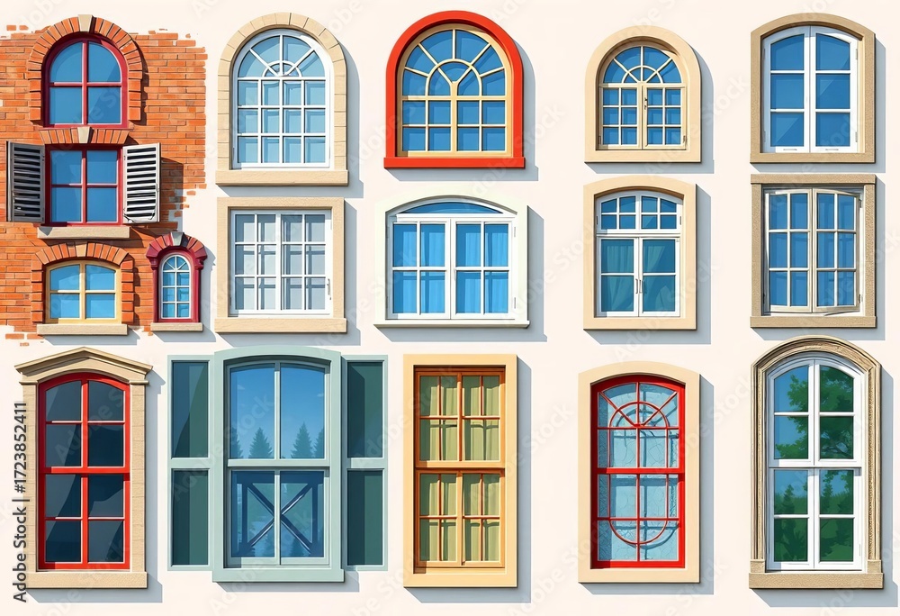 Obraz premium A collection of stylized windows, various shapes and sizes, showcasing different architectural styles, landscape, windows illustration