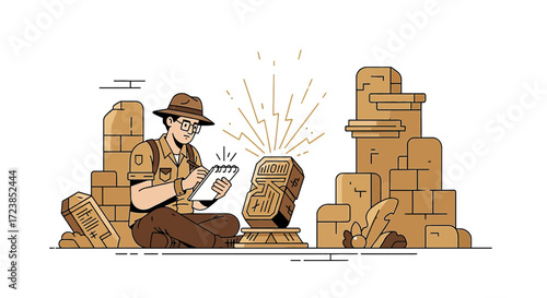 Cartoon illustration of an archaeologist discovering an ancient artifact amidst desert ruins