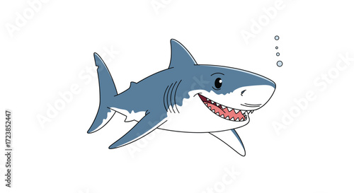 A cartoon great white shark swims in the ocean bubbles around its mouth.