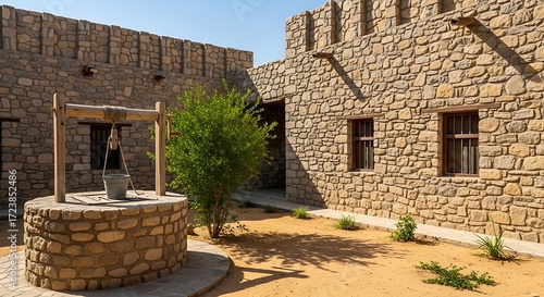 Stone Well and Buildings in a Desert Courtyard.