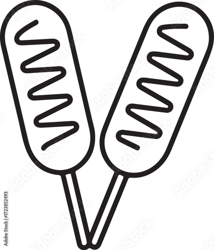 Two corn dogs with mustard drizzle on sticks vector illustration