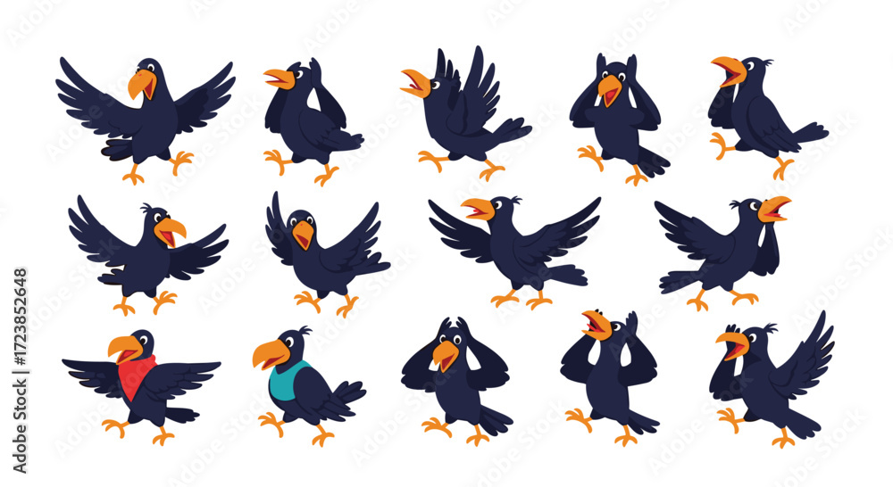 Obraz premium A collection of funny cartoon crows performing various quirky and expressive actions.