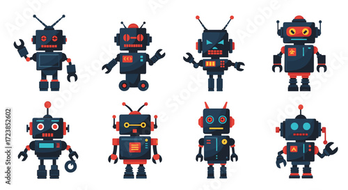 A collection of eight retro pixel art robots with diverse designs and colors.
