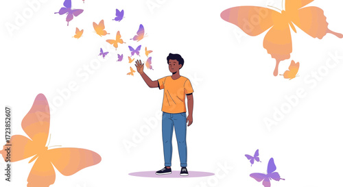 Concept of personal growth and transformation with colorful butterflies flying around the man,