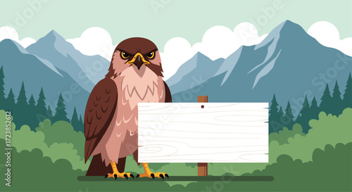 A majestic hawk stands proudly beside an empty sign in a scenic mountainous landscape.