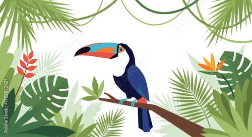 A vibrant toucan perched on a branch surrounded by lush jungle foliage.