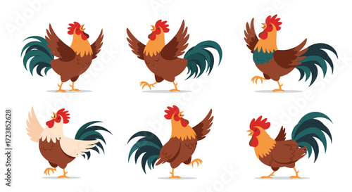 Six cartoon roosters in different poses dancing and strutting joyfully.