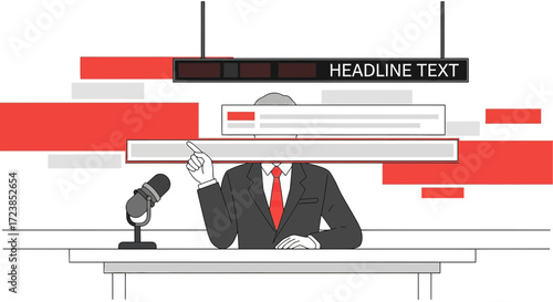 Conceptual illustration of a news anchor with headline text and abstract graphics at a desk