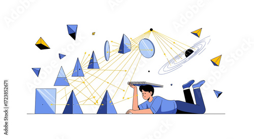 Conceptual illustration of a man exploring geometric shapes and optical effects with notebook