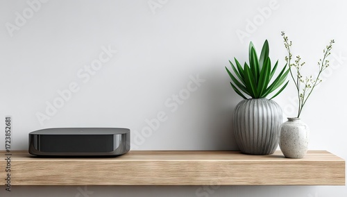 Minimalist wooden shelf displaying a sleek black electronic device and decorative plants.