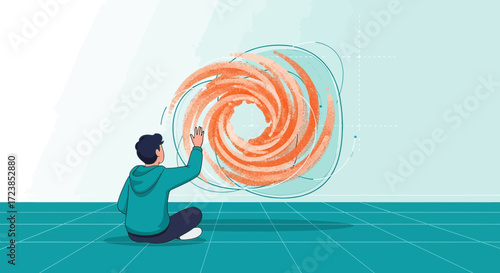 Conceptual illustration showcasing a person interacting with a powerful swirling energy force