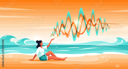 Creative Illustration of a Woman on a Beach with Abstract Waves Representation
