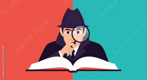 A detective examines an open book with a magnifying glass.
