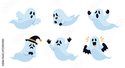 Six cute cartoon ghosts expressing various emotions on a white background.