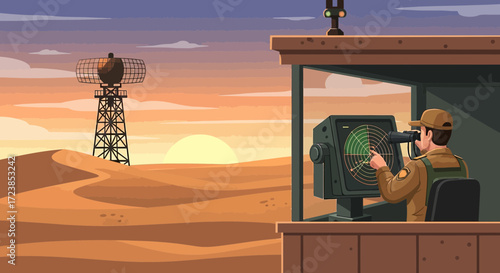 Desert military radar station with soldier monitoring the screen at sunset cartoonish style