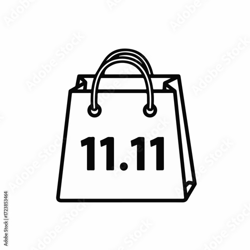 Shopping bag illustration for Singles Day celebration, showing 11.11 date in a simple style. Singles Day retail promotion with shopping bag for online sales event, represented with bag icon.