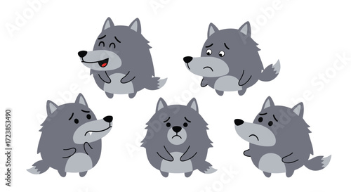 Several cartoon wolves express various emotions and feelings