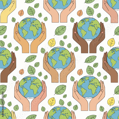 Seamless pattern illustrating diverse human hands cradling the Earth, embodying universal environmental stewardship, peace, and the interconnectedness of all life