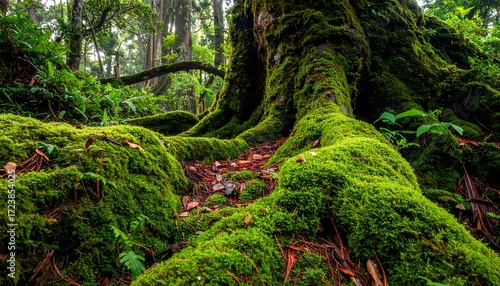 Lush forest floor scene showcasing a giant tree base covered in vibrant green moss, roots, and foliage. A natural and serene woodland