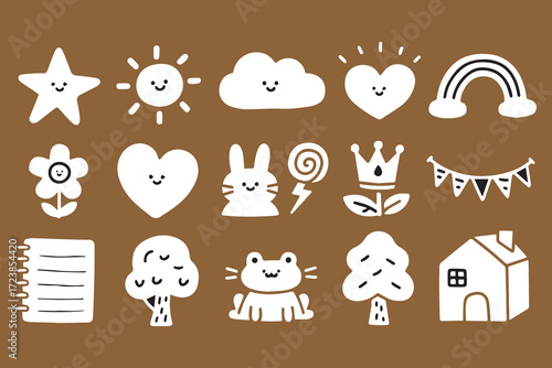 Cute hand drawn cartoon elements on brown background