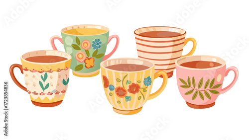 Cartoon vintage teacup collection for english afternoon tea ceremony party or breakfast, retro flower, leaf, stripes hand drawn pattern on cup and mug. Tea coffee vintage cup set vector illustration

