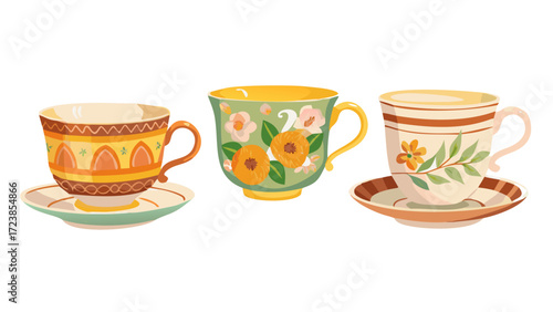 Cartoon vintage teacup collection for english afternoon tea ceremony party or breakfast, retro flower, leaf, stripes hand drawn pattern on cup and mug. Tea coffee vintage cup set vector illustration

