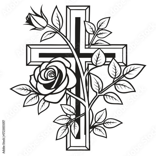 Christian cross with rose, line art style